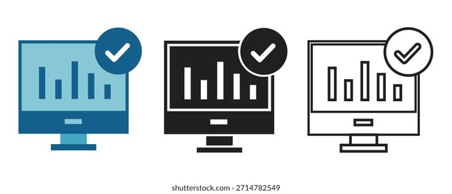Ícone do dashboard do Business Analytics com gráficos e marcas de seleção nos estilos simples, sólido e de estrutura de tópicos.