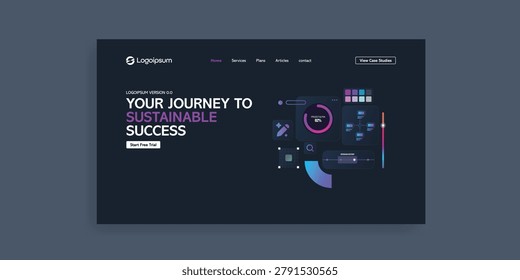 Business Analytics Dashboard Landing Page Illustration Featuring Sustainable Success Performance Metrics Corporate Strategy and Data Insights