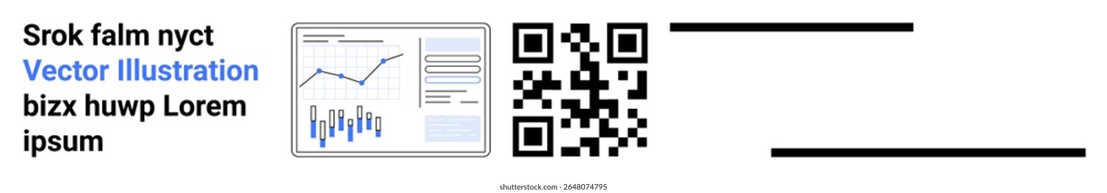 Painel de análise de negócios com vários gráficos, código QR e texto de exemplo para apresentação de dados. Ideal para negócios, análises, análises estatísticas, visualização de dados, tecnologia da informação