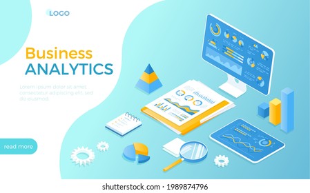 Business Analytics, Data Analysis, Finance Report. Planning, Effective Business Success. Documents, monitor, tablet with graphs and charts. Isometric vector illustration for website.