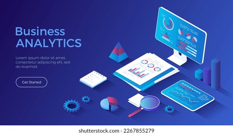 Business analytics, data analysis, finance report. Documents, monitor, tablet with graphs and charts. Isometric landing page. Vector web banner.	
