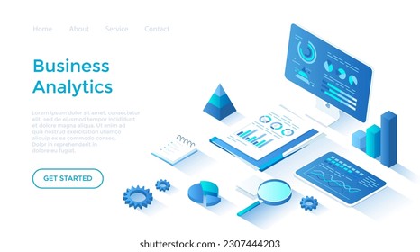 Business analytics, data analysis, finance report. Documents, monitor, tablet with graphs and charts. Isometric illustration. Landing page template for web on white background.	
