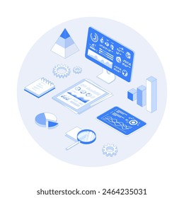 Business Analytics, Data Analysis, Finance Report. Documents, monitor, tablet with graphs and charts. Vector outline illustration with isometry scene for web graphic	
