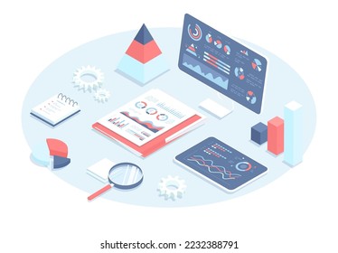 Business analytics, data analysis, financial report. Analysis charts statistics, company growth. Vector illustration in 3d design. Isometric web banner.	
