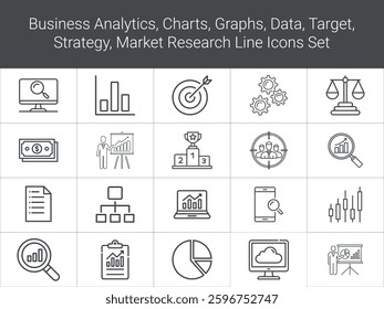 Business Analytics Data, Charts, Graphs, Business Analysis, Market Research Silhouette Line Icons. line icons representing business analysis, market research, data analysis, and financial reporting