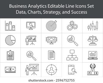 Business Analytics Data, Charts, Graphs, Business Analysis, Market Research Silhouette Line Icons. line icons representing business analysis, market research, data analysis, and financial reporting