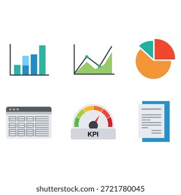 Conjunto de Ícones do Business Analytics e do Data Dashboard com Gráfico de Barras, Gráfico de Área, Gráfico de Pizza, Interface da Planilha, Medidor de KPI e Relatório de Documentos