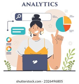 Business analytics. Data examination and strategy development. Financial operation optimization, market research and statistics processing. Flat vector illustration