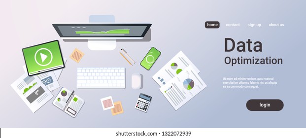 business analytics data optimization concept top angle view desktop pc laptop smartphone tablet screen financial documents report office stuff horizontal copy space