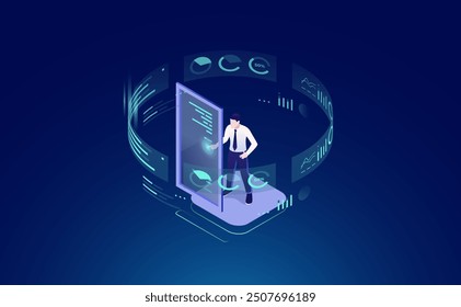 Business Analytics und Datenverarbeitung: Serverraum-Admin mit Virtual Reality Interface, Neon Vector Isometrische Illustration