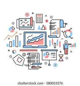 Business Analytics, Data Research, Presentation Concept. Modern Thin Line Icons Art Work Collage. Linear Illustration Isolated On White Background.