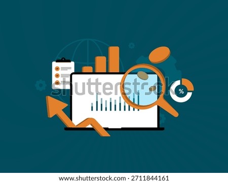 Business analytics with data trends, financial insights, performance charts, growth metrics and report review using magnifying glass for clear KPI analysis and strategic decisions vector illustration