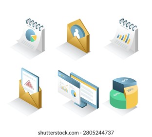 Business Analytics and Data Visualization Icons Set with Dashboard Reports Email Marketing Customer Communication and Pie Chart