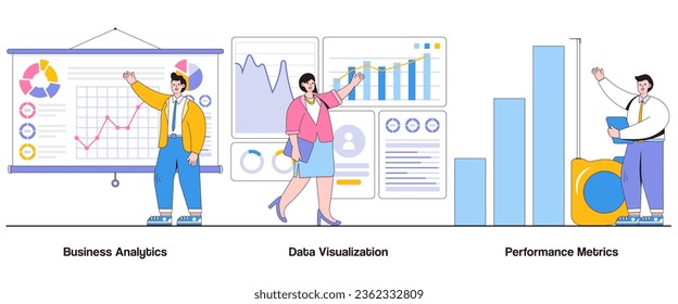 Business analytics, data visualization, performance metrics concept with character. Data-driven decision-making abstract vector illustration set. Insights extraction, predictive analytics metaphor.