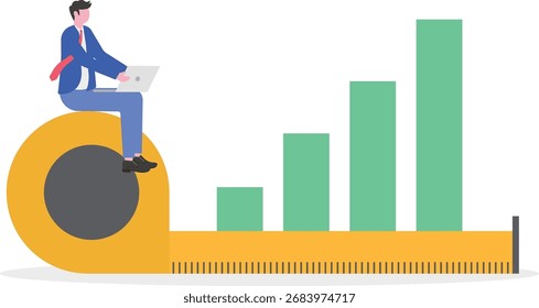 Business analytics, data visualization, performance metrics concept with character.

