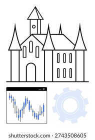 Business analytics, data visualization, technology integration, architecture, innovation, economic growth. A castle with a stock market chart and gear. Business analytics and data visualization