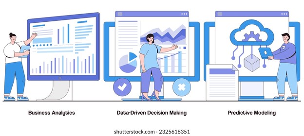 Business Analytics, Data-based Decision Making, Predictive Modeling Concept with Character. Abstrakter Vektorgrafik-Satz für Datenanalyse Lichtextraktion, Datenvisualisierung Metapher.