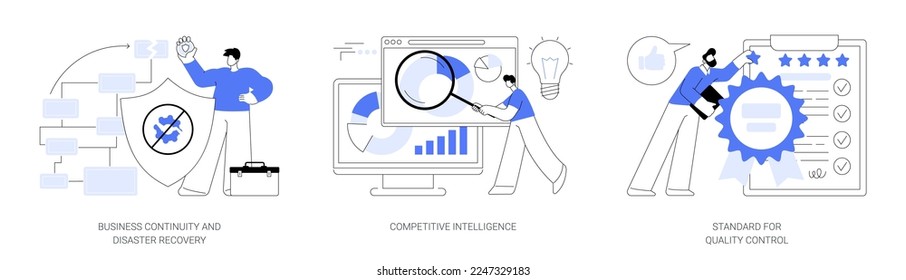 Business analytics and decision making abstract concept vector illustration set. Business continuity and disaster recovery, competitive intelligence, standard for quality control abstract metaphor.