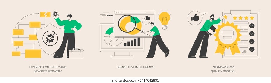 Business analytics and decision making abstract concept vector illustration set. Business continuity and disaster recovery, competitive intelligence, standard for quality control abstract metaphor.