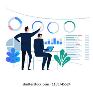 Business Analytics Design Concept And Business Team Meeting For Working On Dashboard Monitor. Large Chart Target On Large Screen. Vector Flat Illustration Small Business Man.