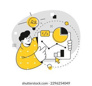Análisis empresarial y estrategia y planificación del desarrollo. Junta con esquemas y gráficos, diagrama e ideas innovadoras. Vector y gráficos en ilustración de dibujos planos