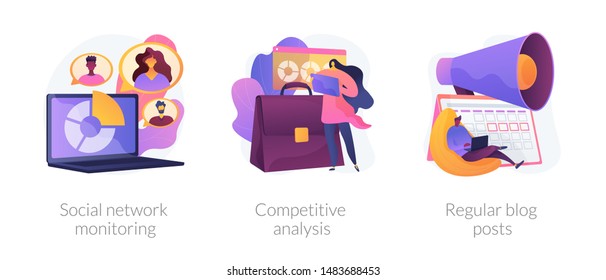 Business analytics, digital marketing icons set. Online promotion service. Social network monitoring, competitive analysis, regular blog posts metaphors. Vector isolated concept metaphor illustrations