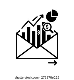 Business analytics envelope icon with growth chart and financial symbols, modern flat vector for marketing, email reports, and data communication design.