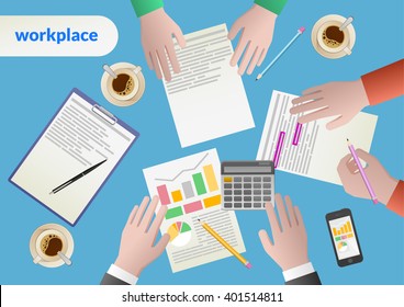 Business analytics and financial audit. Brainstorm and calculations. Vector illustration.