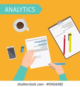Business analytics and financial audit top view vector illustration