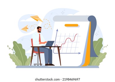 Business analytics. Financial operation optimization, strategy development, new business launching. Market research and data processing. Flat vector illustration