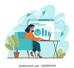 Business analytics. Financial operation optimization, strategy development, new business launching. Market research and data processing. Flat vector illustration