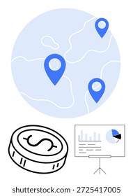 Análisis de negocios, planificación financiera, economía global, tendencias de mercado, estrategias de inversión, visualización de datos. Globo con pines de ubicación, icono de moneda y gráfico estadístico. Planificación financiera