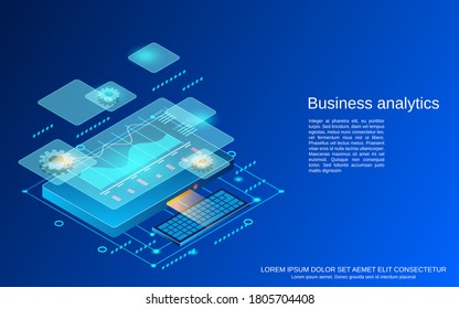 Business analytics, financial report flat isometric vector concept illustration