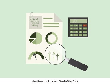 Análise comercial e conceito de relatório financeiro com gráficos. Análise de dados comerciais e avaliação de desempenho. Contratos públicos sustentáveis. Estilo plano. Empresas. Ilustração vetorial