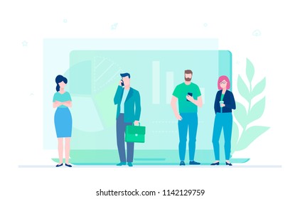 Business analytics - flat design style colorful illustration on white background. A composition with managers working, talking on the phone, standing at the big screen with infographic chart