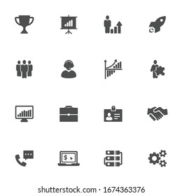 Análisis de negocios iconos planos en gris. Conjunto de 16 piezas.