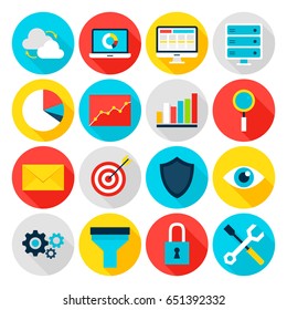Business Analytics Flat Icons. Vector Illustration. Big Data Statistics. Set of Circle Items with Long Shadow.