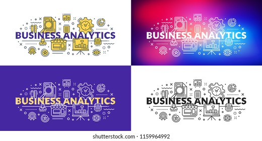 Business analytics. Flat line illustration concept for web banner and printed materials. Vector illustration in 4 different styles