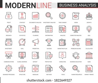 Business analytics flat thin red black line icons vector illustration set, businessman analyst tools for digital analyzing stock market information, consulting strategy outline web symbols collection