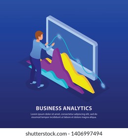 Business analytics glow isometric background composition with expert analyzing trends digital data statics 3d diagrams vector illustration 