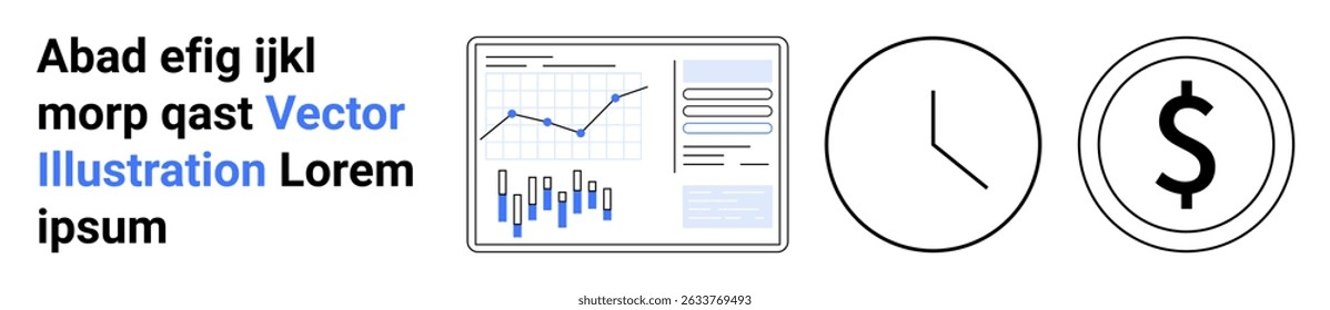 Business analytics graph, clock, dollar symbol. Ideal for finance, time management, investment, data analysis, economics productivity Landing page