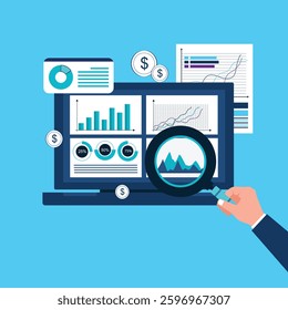 Business analytics graph concept, hand holding magnifying glass