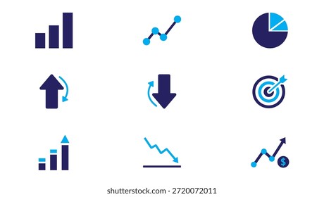 Conjunto de iconos de crecimiento y análisis de negocios con gráficos, gráficos y símbolos de datos en un estilo azul plano. Ideal para dashboards, informes, presentaciones, interfaces de Web y proyectos de análisis de negocios profesionales.