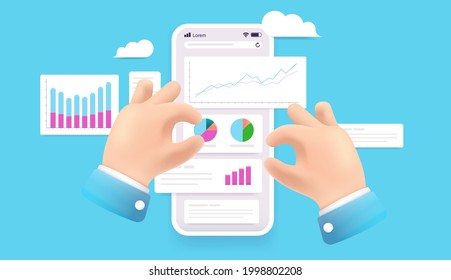 Business analytics - Hands analysing data, charts, graphs and diagrams on smartphone screen. Data visualization concept. Vector illustration.