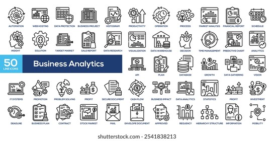 Ícone Business Analytics. Processo de automação, Hospedagem na Web, proteção de dados, Projeto de negócios, Histograma, Produtividade, Operação, Análise de mercado,