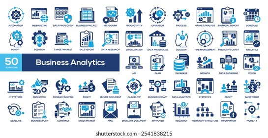 Ícone Business Analytics. Processo de automação, Hospedagem na Web, proteção de dados, Projeto de negócios, Histograma, Produtividade, Operação, Análise de mercado,