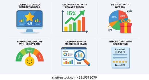 Business analytics icon collection featuring charts dashboards reports performance metrics and financial data visualization isolated professional vector illustration for presentations management marketing and strategic planning.