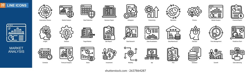 Business Analytics icon collection line style, Automation Process, Web Hosting, Data Protection, Business Project,  Productivity, Process, Market Analysis, Financial Report, Vector illustration
