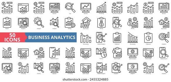 Conjunto de colecciones de iconos de análisis empresarial. Conteniendo analítica, monitor de iconos, seo, aumento, informe, configuración, bienes raíces. Vector de línea simple.