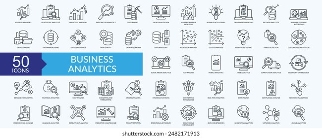 Business Analytics Icon Kollektion Set mit Datenvisualisierung, Key Performance Indicator, Strategische Planung, Kontinuierliche Verbesserung, Qualitätskontrolle 